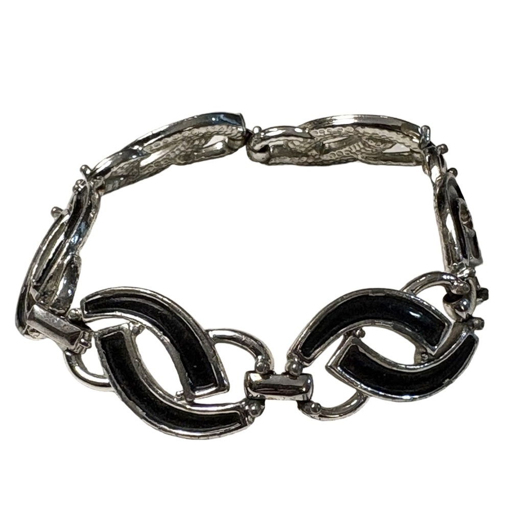 Black Enamel Link Bracelet Silver Tone Art Deco Style Vintage